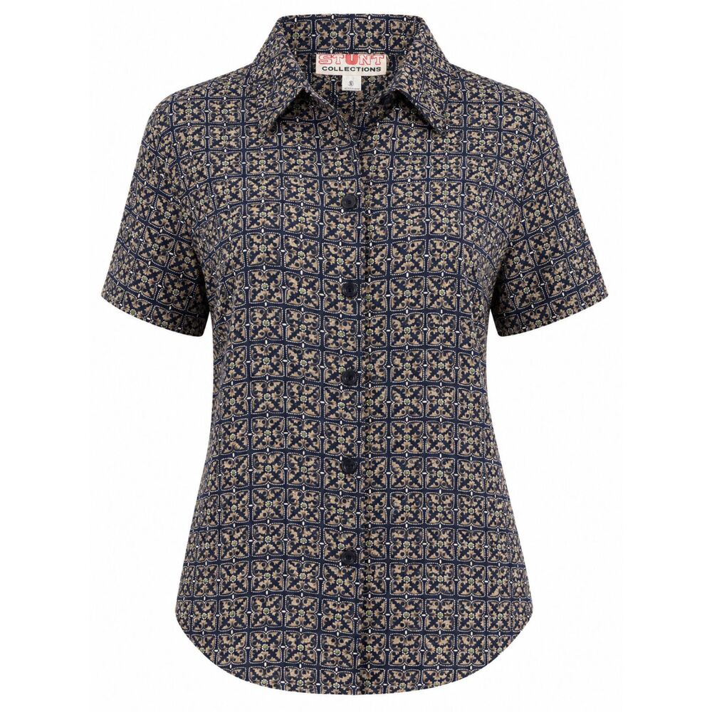 Stunt Collections Silk Button Front Blouse Navy Beige Women's Small